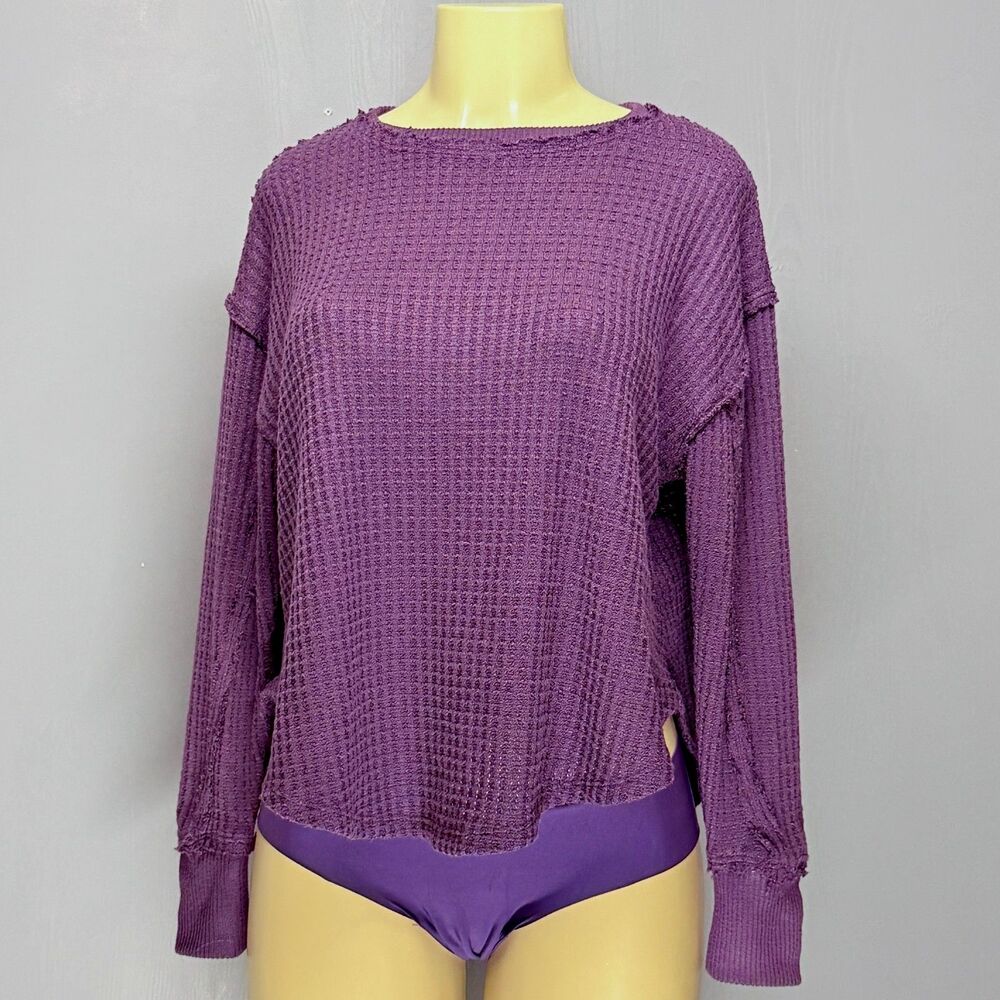 SO Waffle Knit Thermal Top | Purple Exposed Edge | Loungewear XS